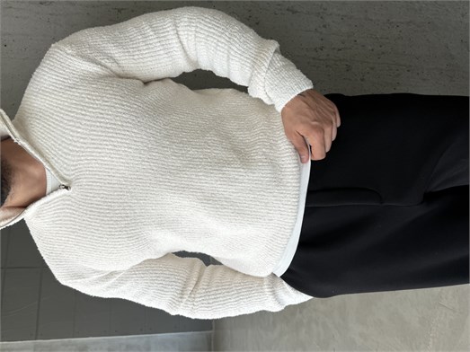 Ekru Yarım Zip Şardonlu Pamuk Teddy Boxy Fit Kazak AU