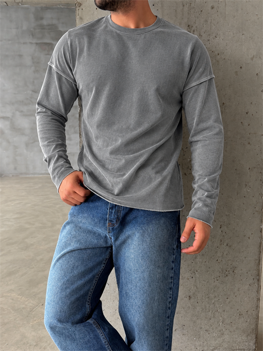Füme Yıkamalı Bisiklet Yaka İki İplik Sweatshirt KN 5751