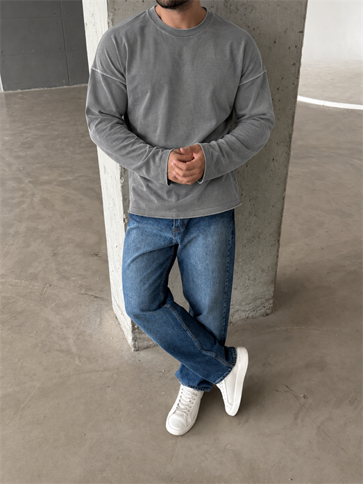 Füme Yıkamalı Bisiklet Yaka İki İplik Sweatshirt KN 5751
