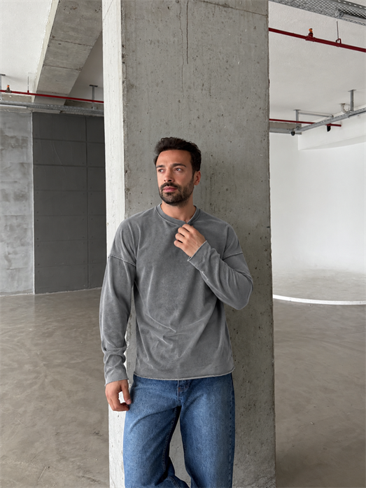 Füme Yıkamalı Bisiklet Yaka İki İplik Sweatshirt KN 5751