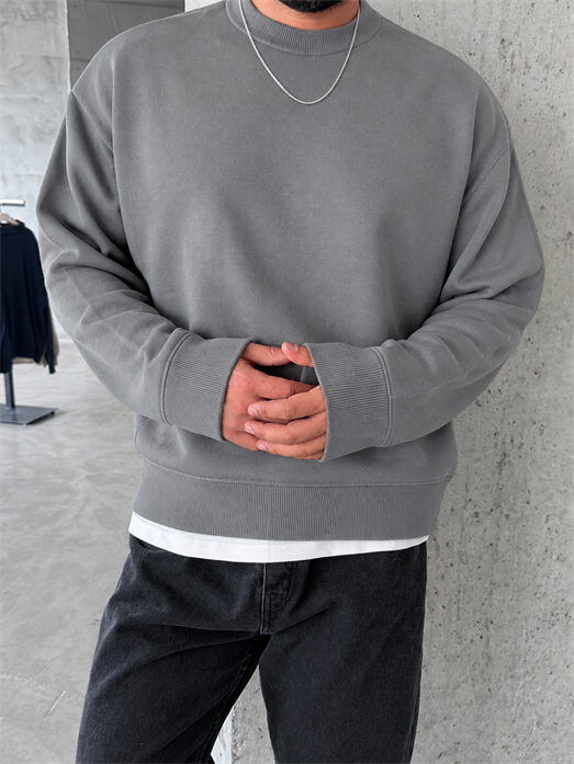 Gri 3 İplik Şardonsuz  Ribanalı Bisiklet Yaka Sweatshirt OTN 79030