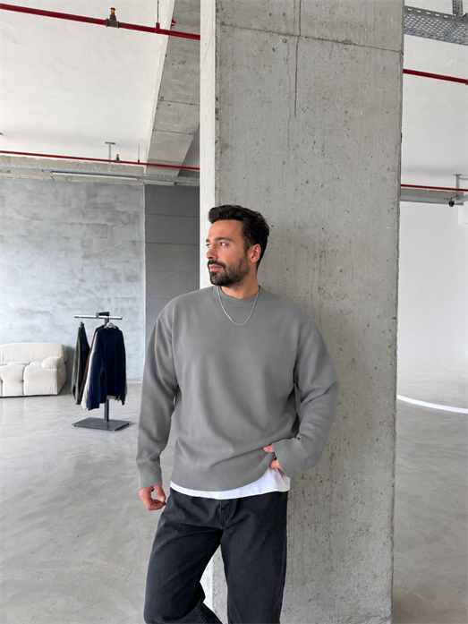 Gri 3 İplik Şardonsuz  Ribanalı Bisiklet Yaka Sweatshirt OTN 79030