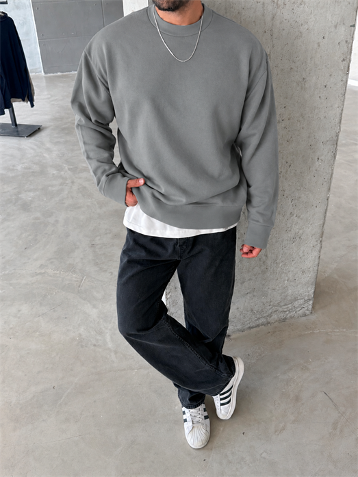 Gri 3 İplik Şardonsuz  Ribanalı Bisiklet Yaka Sweatshirt OTN 79030