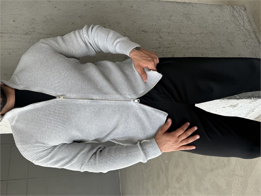 Gri Elegant Fit Çift Fermuarlı Hırka Triko AU