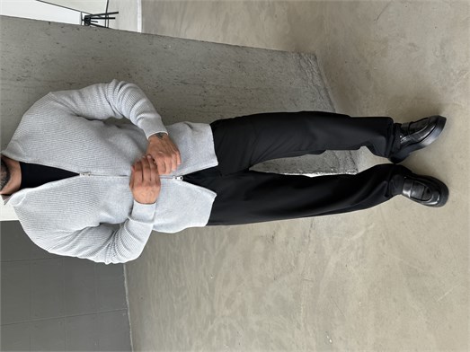 Gri Elegant Fit Çift Fermuarlı Hırka Triko AU