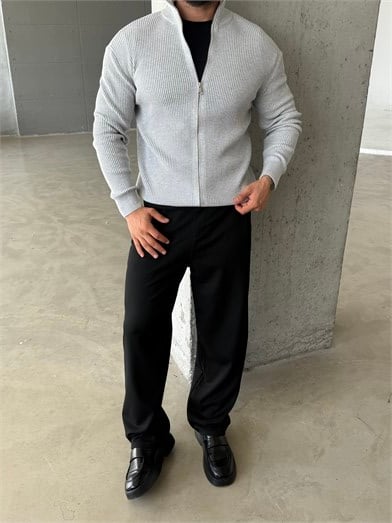 Gri Elegant Fit Çift Fermuarlı Hırka Triko AU