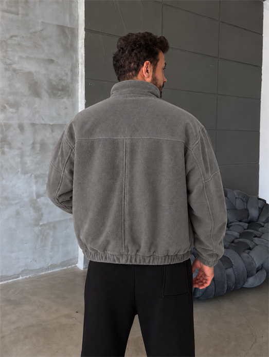 Gri Parçalı Tam Zip Boxy Polar