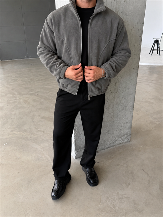 Gri Parçalı Tam Zip Boxy Polar