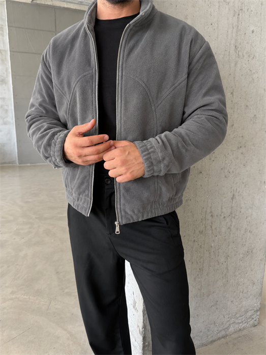 Gri Parçalı Tam Zip Boxy Polar