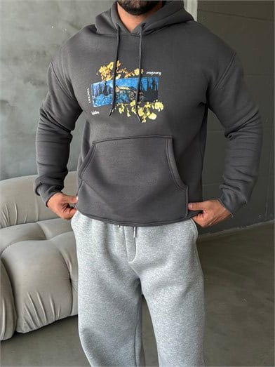 Gri Vincent Baskılı 3 İplik Hoodie Model 2