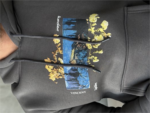 Gri Vincent Baskılı 3 İplik Hoodie Model 2
