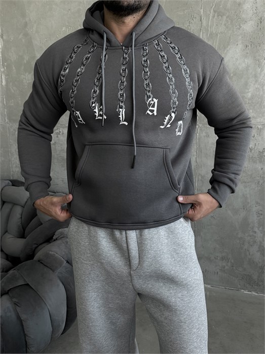 Gri Zincir El Baskılı 3 İplik Hoodie Model 1