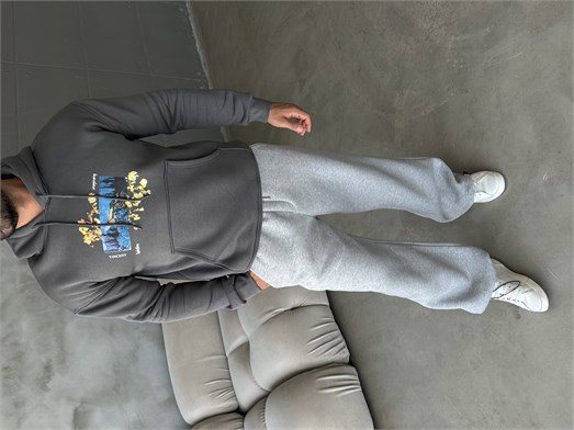 Gri Zincir El Baskılı 3 İplik Hoodie Model 1