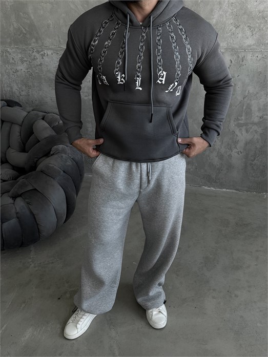 Gri Zincir El Baskılı 3 İplik Hoodie Model 1
