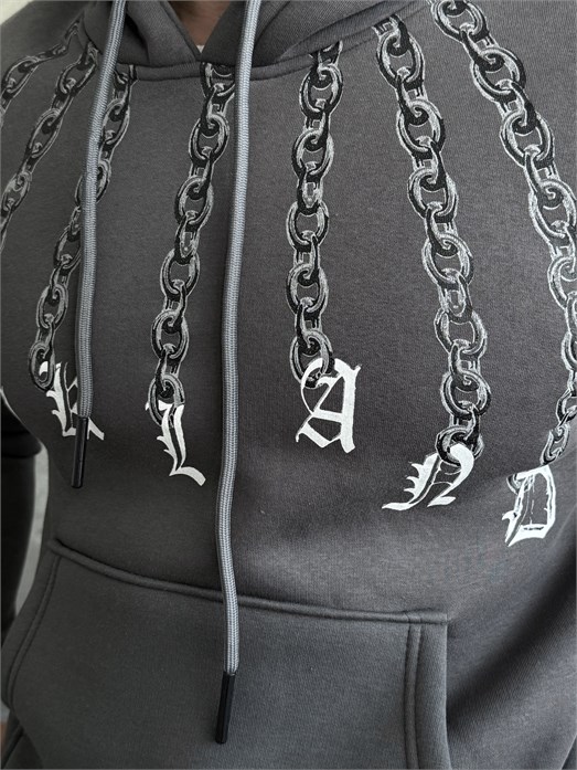 Gri Zincir El Baskılı 3 İplik Hoodie Model 1