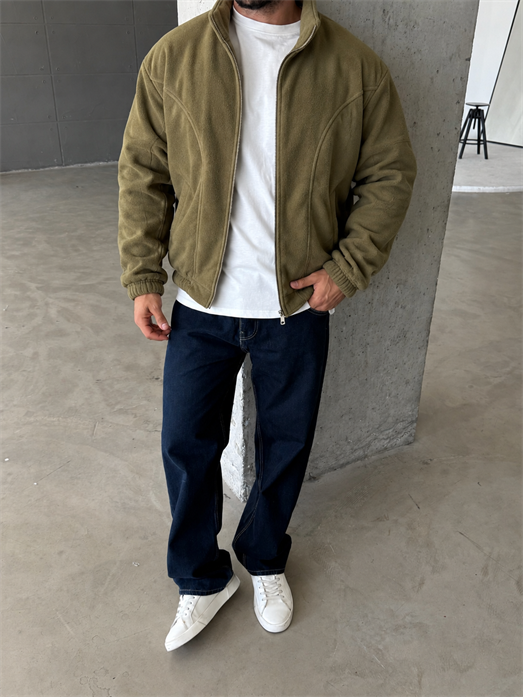 Haki Parçalı Tam Zip Boxy Polar