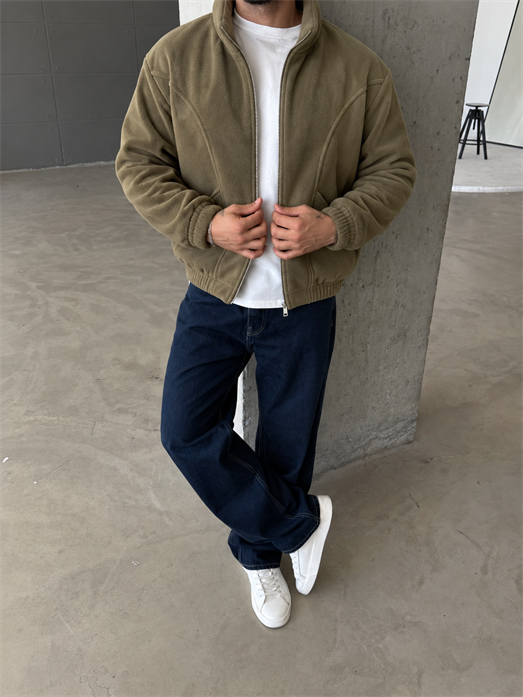 Haki Parçalı Tam Zip Boxy Polar