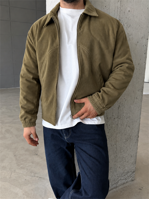 Haki Parçalı Tam Zip Boxy Polar