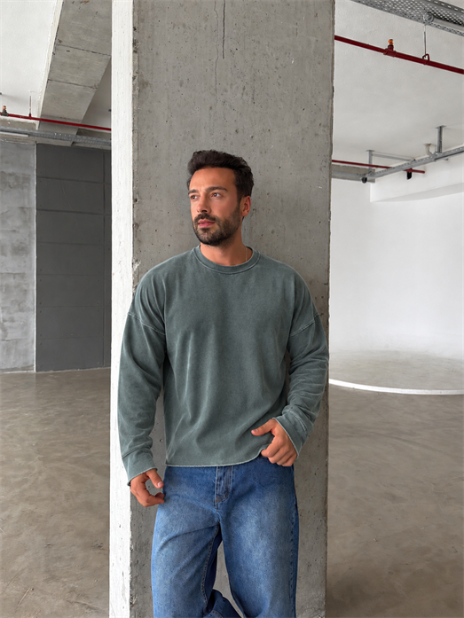 Haki Yıkamalı Bisiklet Yaka İki İplik Sweatshirt KN 5751