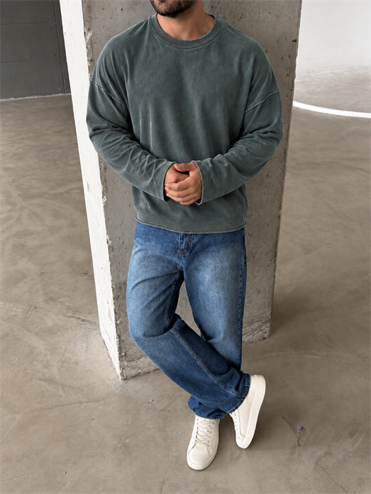 Haki Yıkamalı Bisiklet Yaka İki İplik Sweatshirt KN 5751