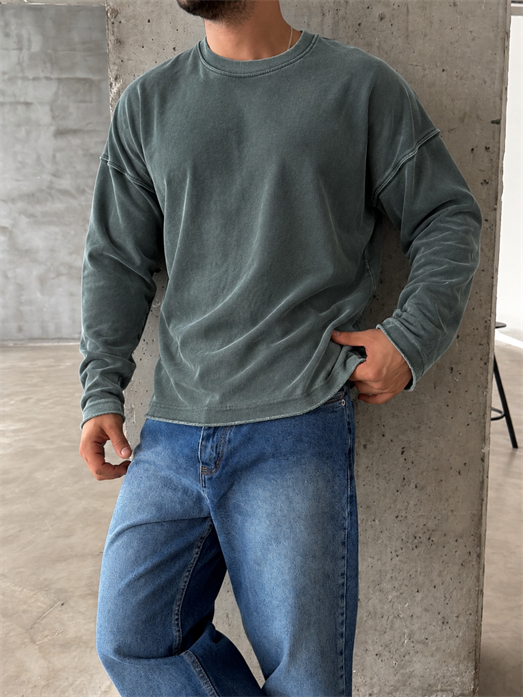 Haki Yıkamalı Bisiklet Yaka İki İplik Sweatshirt KN 5751