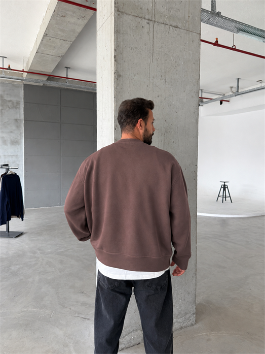 Kahve 3 İplik Şardonsuz  Ribanalı Bisiklet Yaka Sweatshirt OTN 79030