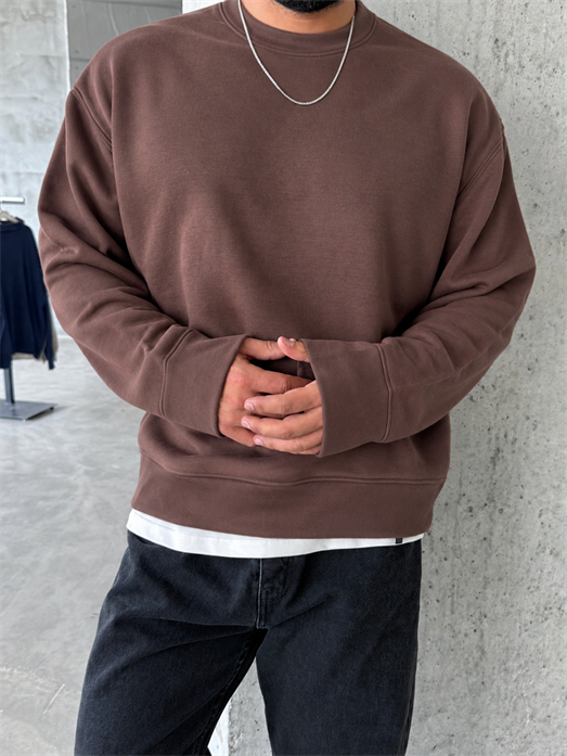 Kahve 3 İplik Şardonsuz  Ribanalı Bisiklet Yaka Sweatshirt OTN 79030