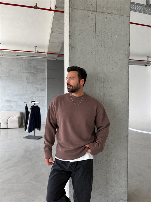 Kahve 3 İplik Şardonsuz  Ribanalı Bisiklet Yaka Sweatshirt OTN 79030