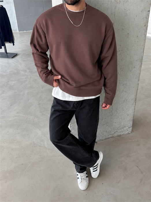 Kahve 3 İplik Şardonsuz  Ribanalı Bisiklet Yaka Sweatshirt OTN 79030