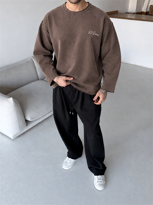 Kahve Champions Nakışlı Pis Kesim Boxy Sweatshirt BRR 80109