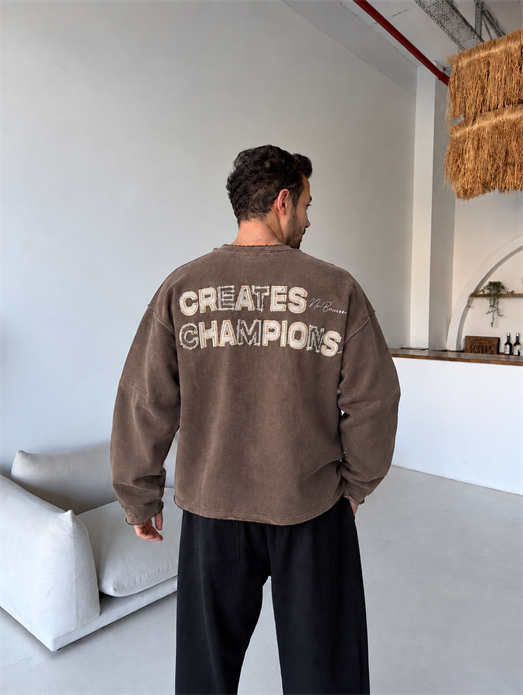 Kahve Champions Nakışlı Pis Kesim Boxy Sweatshirt BRR 80109