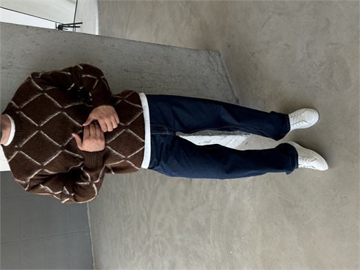 Kahve Çizgi Desen Bol Boxy Şardonlu Pamuk Kazak AU