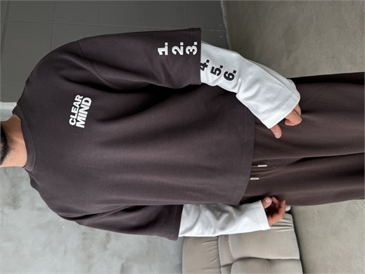 Kahve Clear Mind Baskılı Parçalı Sweatshirt Boxy RSP 5009