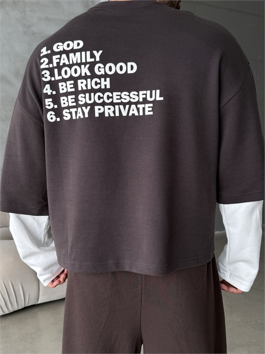 Kahve Clear Mind Baskılı Parçalı Sweatshirt Boxy RSP 5009