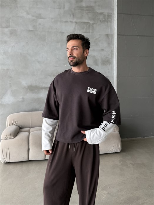 Kahve Clear Mind Baskılı Parçalı Sweatshirt Boxy RSP 5009
