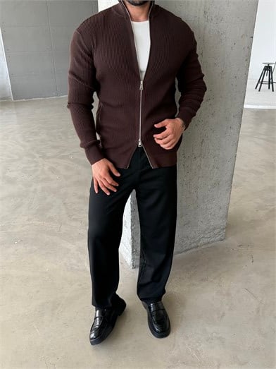 Kahve Elegant Fit Çift Fermuarlı Hırka Triko AU