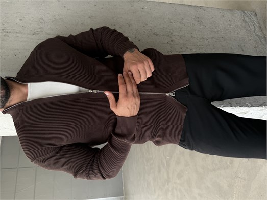 Kahve Elegant Fit Çift Fermuarlı Hırka Triko AU