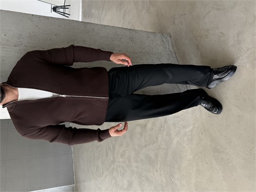 Kahve Elegant Fit Çift Fermuarlı Hırka Triko AU