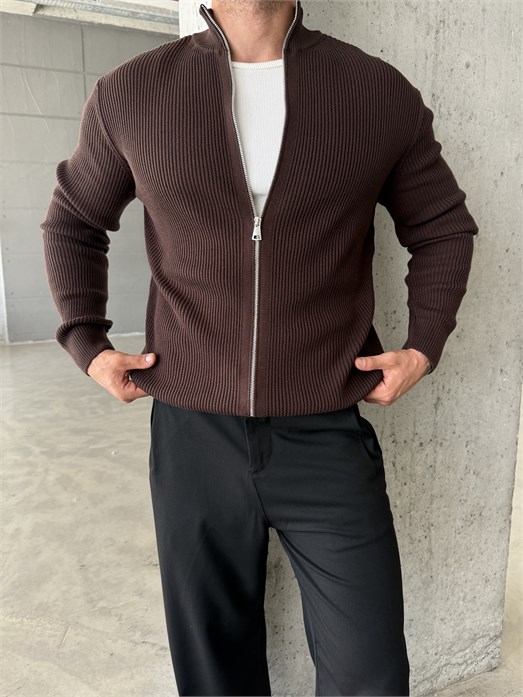 Kahve Elegant Fit Çift Fermuarlı Hırka Triko AU