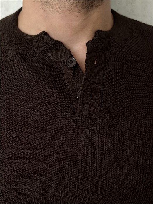 Kahve Henley Yaka Örgü Relax Fit Triko SNZ