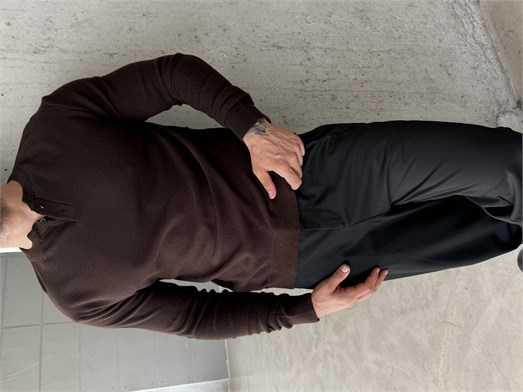 Kahve Henley Yaka Örgü Relax Fit Triko SNZ