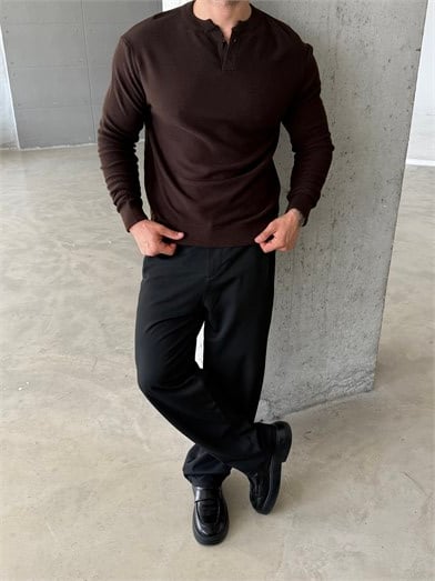 Kahve Henley Yaka Örgü Relax Fit Triko SNZ
