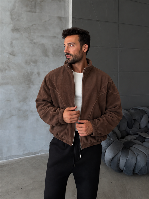 Kahve Parçalı Tam Zip Boxy Polar