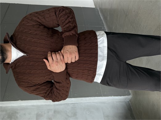 Kahve Saç Örgü Yarım Zip Triko TB