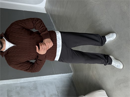 Kahve Saç Örgü Yarım Zip Triko TB