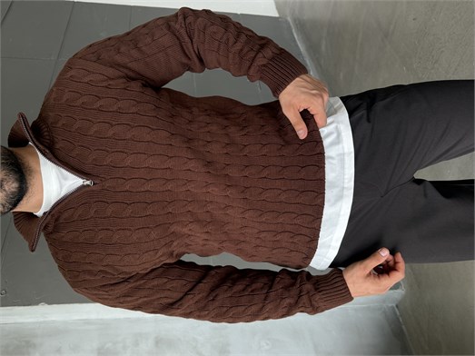 Kahve Saç Örgü Yarım Zip Triko TB