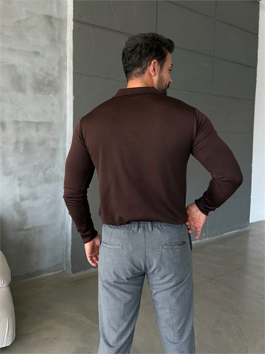 Kahve Yakalı Fermuarlı Gofre Desen Triko KNG