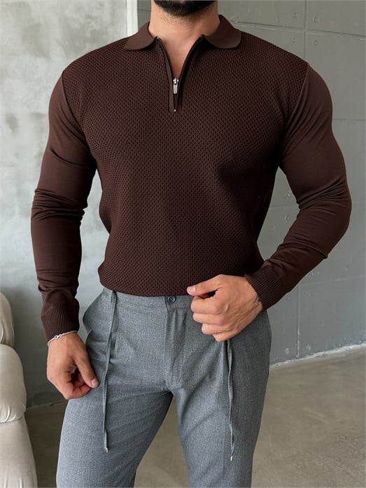 Kahve Yakalı Fermuarlı Gofre Desen Triko KNG
