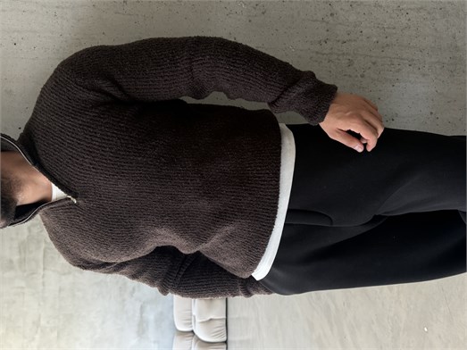 Kahve Yarım Zip Şardonlu Pamuk Teddy Boxy Fit Kazak AU