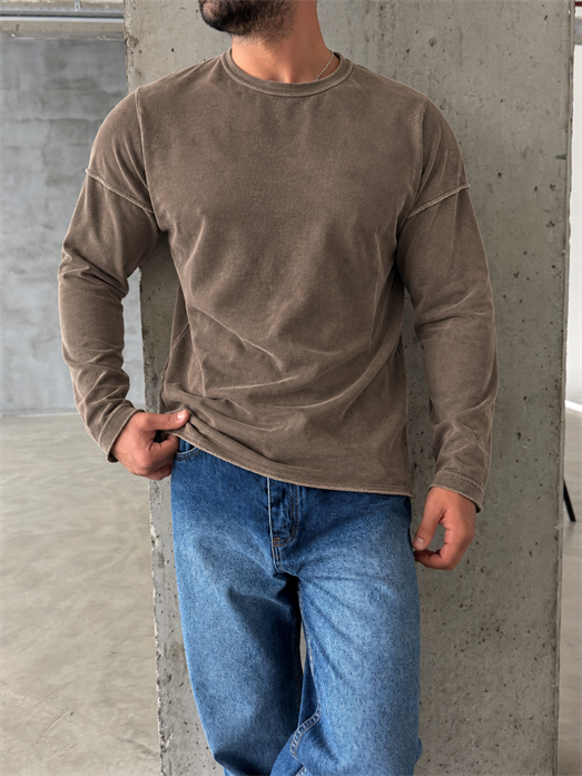 Kahve Yıkamalı Bisiklet Yaka İki İplik Sweatshirt KN 5751